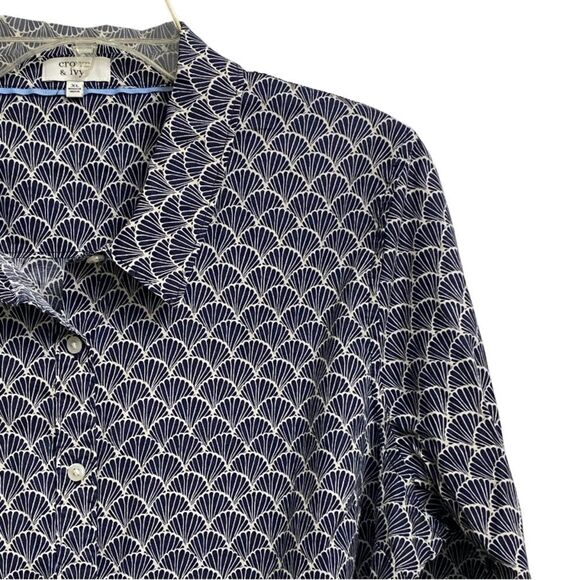 Crown & Ivy Women's Scallop Print Button Front Shirt Size XL Blue White Cotton - Picture 4 of 10